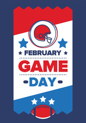 Game Day. American football playoff. Super Party in United States. Final game of regular season. Professional team championship. Ball for american football. Sport poster. Vector illustration