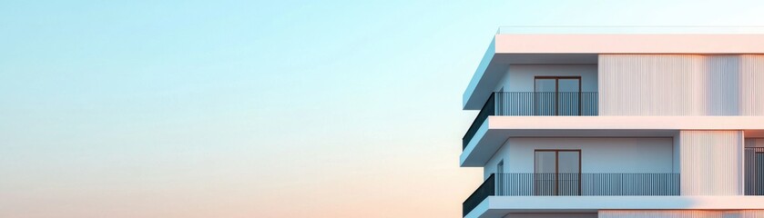 Modern building design with clean lines and a bright sky. Ideal for architecture and real estate projects.