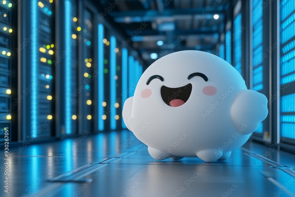 Poster cheerful cloud character in a data center illustrating cloud services approachability and user frien