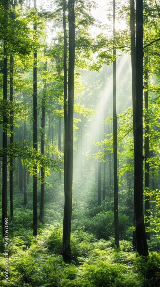 Poster a lush forest with sunlight filtering through the trees, creating a peaceful and serene environment