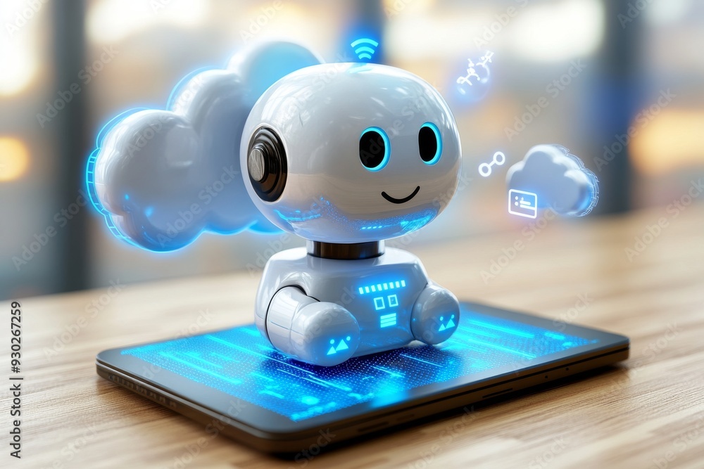 Sticker robot interacting with cloud data on a tablet demonstrating the integration of ai with cloud computi