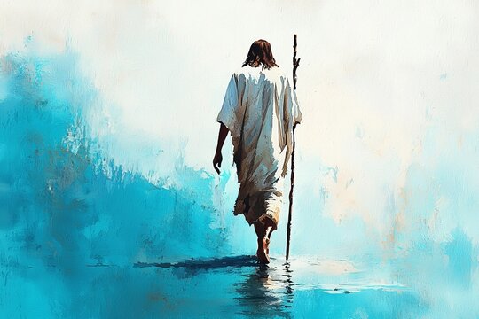 Watercolor Jesus walking on calm waters, illustrating trust and belief, serene and inspiring imagery of divine miracles