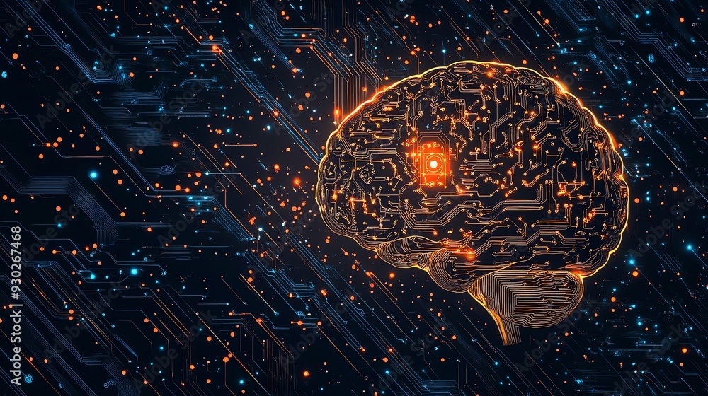 Poster a digital rendering of a brain made up of glowing orange and blue lines.