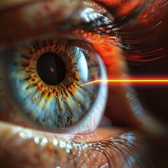 Close up of a mesmerizing human eye with intricate iris patterns and a vibrant blue color, highlighted with dynamic lighting effects