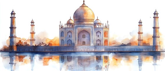 Fototapeta premium Watercolor clip art of the Taj Mahal in India, shimmering in white marble, white background