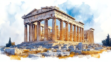 Obraz premium Watercolor illustration of the Athens Acropolis in Greece, ancient ruins and history, white background