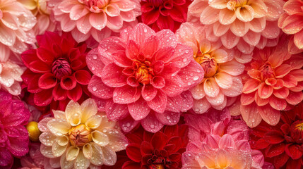 A beautiful wallpaper backdrop showcasing colorful dahlia flowers in shades of pink and red, adorned with raindrops. The top view captures a mix of blooming dahlias, highlighting their intricate petal