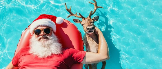 Merry Christmas holiday vacation winter greeting card concept, - Cool hipster Santa Claus with sunglasses lying and relaxing on air mattress in swimming pool