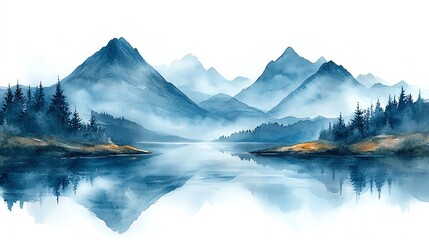Watercolor painting of the Scottish Highlands in the UK, with rugged landscapes and misty mountains, white background