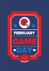 Game Day. American football playoff. Super Party in United States. Final game of regular season. Professional team championship. Ball for american football. Sport poster. Vector illustration