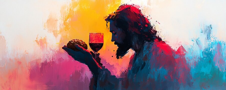 Jesus blessing bread and wine, vibrant watercolor, gentle light, Christian sacraments, faith, church