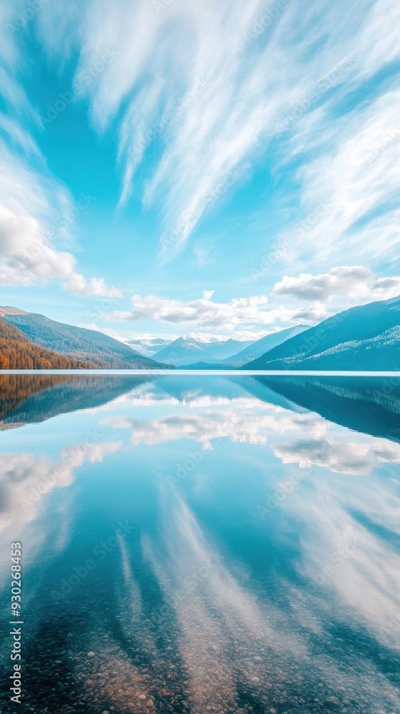 Aufkleber a hyper-lapse of a tranquil lake with reflections of surrounding mountains and moving clouds on the 