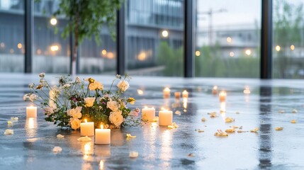 A solemn Labor Day ceremony at a memorial dedicated to workers who fought for labor rights, with flowers and candles placed around it