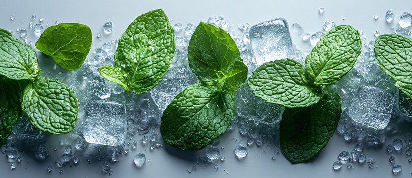 Close up transparent stack ice cubes with fresh mint leaves on white background