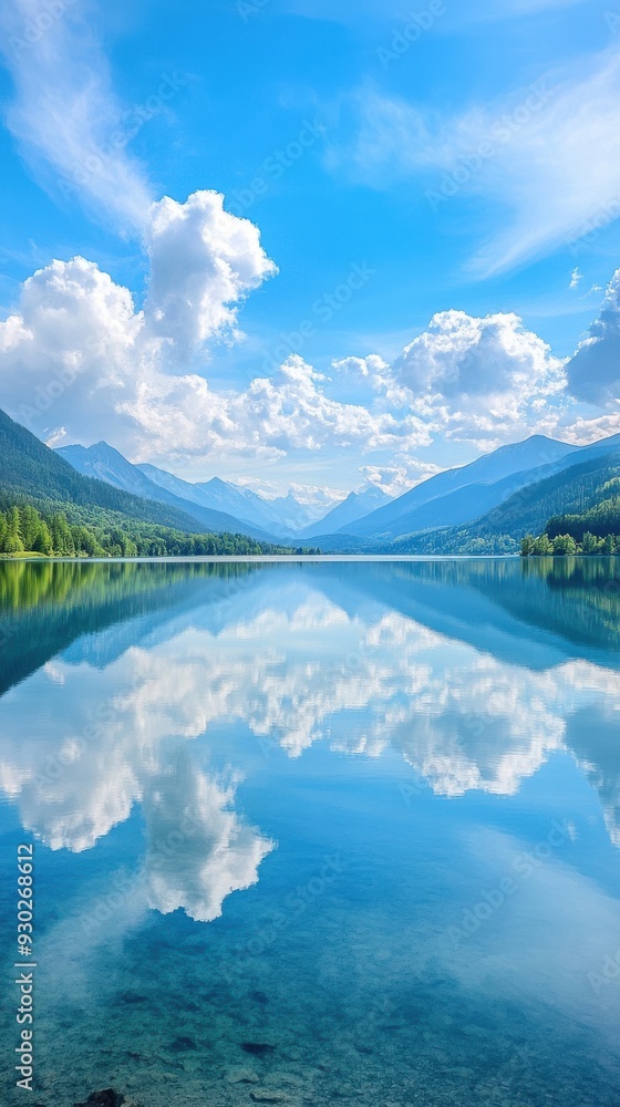 Poster a hyper-lapse of a tranquil lake with reflections of surrounding mountains and moving clouds on the 