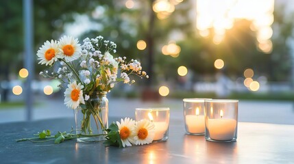 A solemn Labor Day ceremony at a memorial dedicated to workers who fought for labor rights, with flowers and candles placed around it