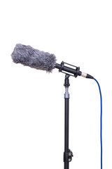A professional-grade shotgun microphone on a isolated white background, a high-quality audio...