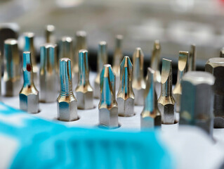 Various small screwdriver bits in different shapes and sizes, captured in a selectively focused image