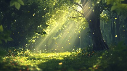 Fototapeta premium Sunbeams Filtering Through a Lush Forest