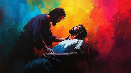 Jesus healing a blind man, vibrant watercolor, divine miracle with a serene backdrop