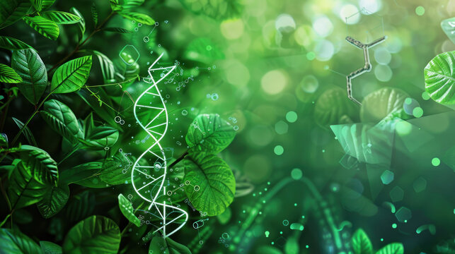 Plants with a biochemistry structure overlay, DNA helix visible, on a green background, merging biology and chemistry