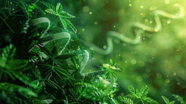 Plants with a biochemistry structure overlay, DNA helix visible, on a green background, merging biology and chemistry