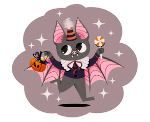 Fototapeta premium A cute bat character in a vampire costume goes Trick or Treating with sweets and pumpkin. Cute vector Halloween character illustration.