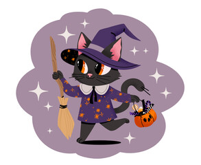 A cute cat character in a witch costume goes Trick or Treating with sweets and pumpkin. Cute vector Halloween character illustration.