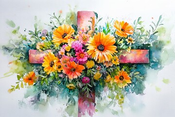 A cross adorned with flowers, watercolor, vibrant, Easter, Christian rebirth and renewal