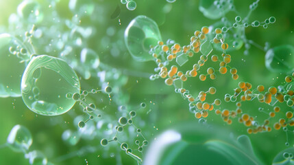 Plant cells with DNA and molecular structure visualizations on a green background, merging biology and chemistry