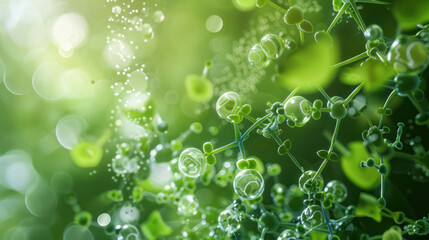 Plant cells with DNA and molecular structure visualizations on a green background, merging biology and chemistry