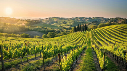 Fototapeta premium Picturesque landscape of a vineyard on rolling hills, with rows of grapevines under a clear sky