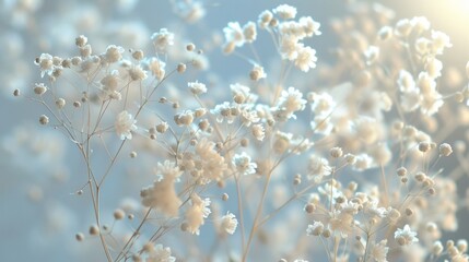 Fototapeta premium Gypsophila dry little white flowers light macro, Bright color, realistic