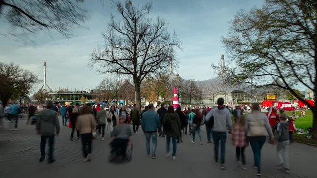 sunny day munich city famous crowded park road pov walking panorama 4k timelapse germany