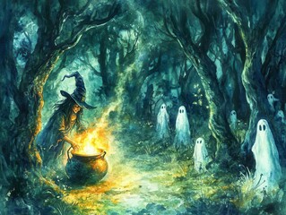 Obraz premium A dark, enchanted forest with a witch brewing a glowing potion in a bubbling cauldron, surrounded by twisted trees and ghostly figures, watercolor style