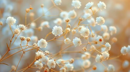 Gypsophila dry little white flowers light macro, Bright color, realistic
