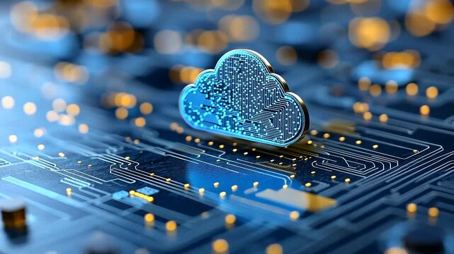 A futuristic blue cloud with integrated circuits, streaming binary code.
