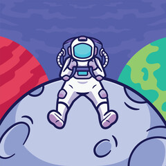 Astronaut sitting on the moon character in space cartoon vector illustration