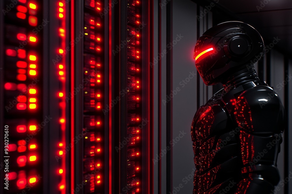 Poster silhouette of a cybernetic being in red lit corridor exploring themes of identity and technology in 