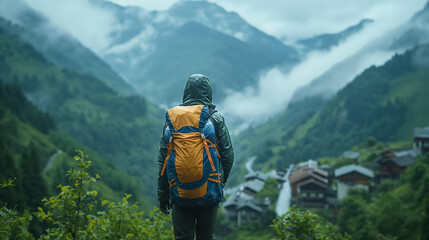 Solitary hiker in a rain jacket and backpack gazes at a misty valley surrounded by mountains, with a small village nestled below, embodying adventure and solitude.