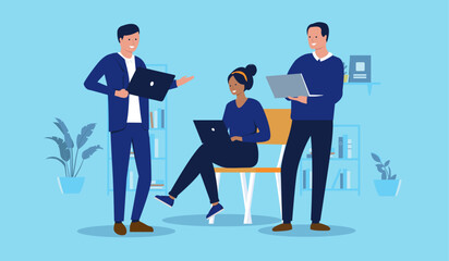 Working smiling businesspeople - Professional people in office doing work on laptop computers together, standing, sitting and talking about business and project. Flat design vector illustration