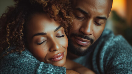 Obraz premium Loving couple embracing each other tenderly, eyes closed, immersed in a moment of warmth and connection.