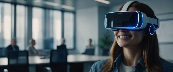 A Smiling businesswoman uses VR glasses for a virtual reality AI experience while working on a project and attending a business conference in a futuristic office.