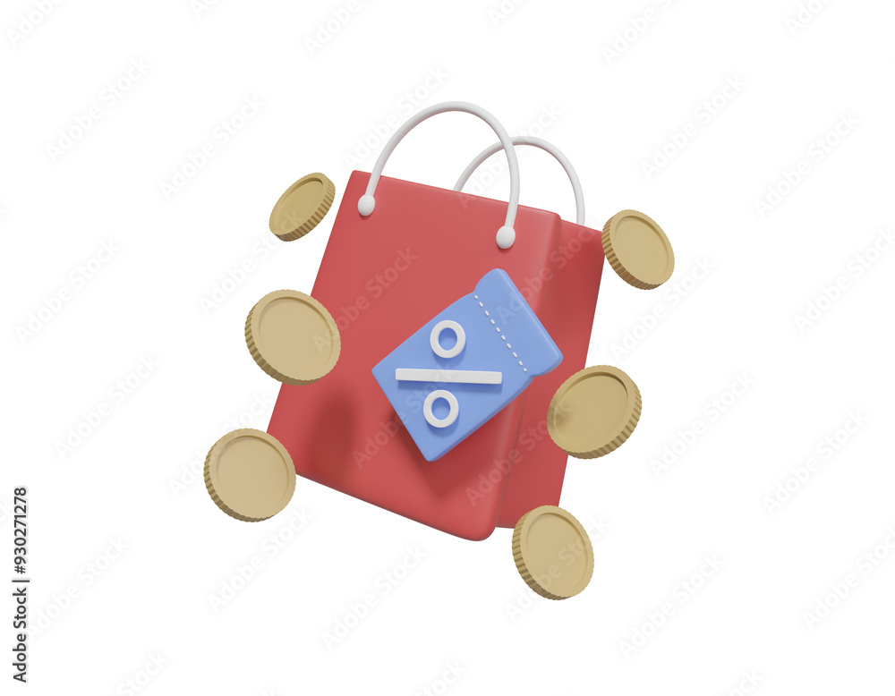 Poster 3d rendering of shopping money saving concept: unlock discounts with every purchase with shopping ba
