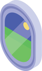 Isometric oval window showing green fields and blue sky with sun