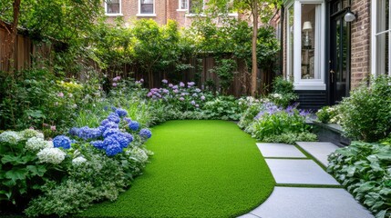 Fototapeta premium A curved path of grey pavers meanders through a colorful garden, leading to an old door set in a brick wall, all framed by a bright green lawn and wooden fencing