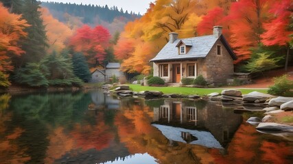 quaint stone cottage on a calm pond in a vibrant fall forest with vibrant foliage and a calming reflection of the water, perfect for a tranquil getaway in nature