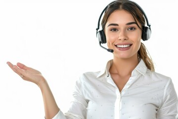 Smiling female customer service agent in headset, presenting with hand, white background.