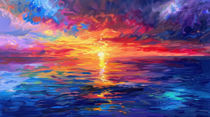 Fototapeta premium Panoramic view of a sunset over the ocean, with vibrant colors reflecting on the water