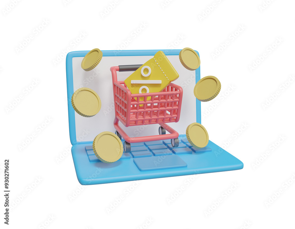 Aufkleber 3d rendering of digital shopping concept: improving online buying and saving process with laptop ico